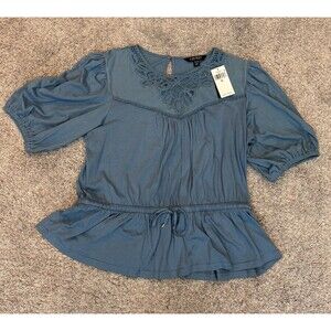 LAUREN RALPH LAUREN  Lace mesh Trim Jersey Peplum Top size XL blue cotton modal